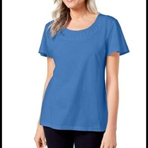 Karen Scott Woven-Neck Top (Misty Lake)